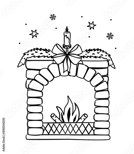 Hand-drawn black and white illustration of cozy brick fireplace decorated with garland and big bow with candle on mantel and burning logs inside. Simple doodle line art For Christmas coloring pages.