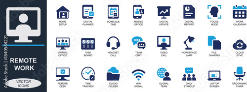 Remote work icon set. Featuring home office, online meeting, chat, task, cloud, VPN, laptop, productivity, and workspace concepts. Perfect for UI, apps, and web use.