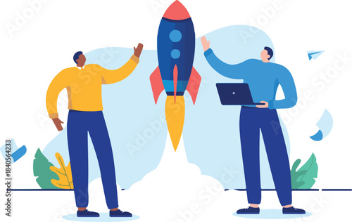 Business and project launch - Two people wit startup launching rocket, being happy and smiling. Cartoon vector illustration in flat design with white background