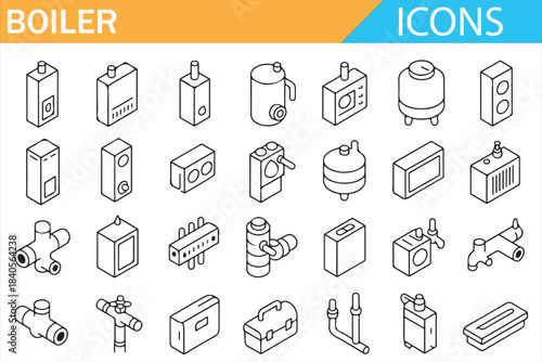 HVAC boiler and pipe system outline symbols for web and app UI design