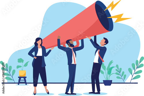 Business announcement - Businesspeople marketing with megaphone giving message and proclaiming statement shouting out loud together. Flat design vector illustration with white background