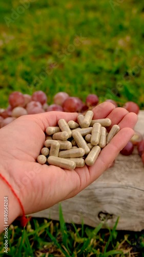 Grape seed extract in the garden. Selective focus.