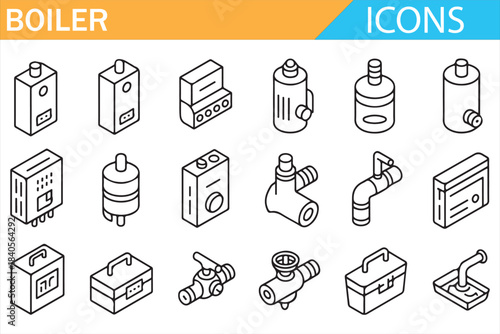 Industrial boiler and heating system outline icons isolated on white background