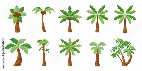 A collection of colorful cartoon palm trees in various growth stages
