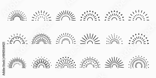 Minimalist sun icons and semicircle line art displayed in repeating patterns