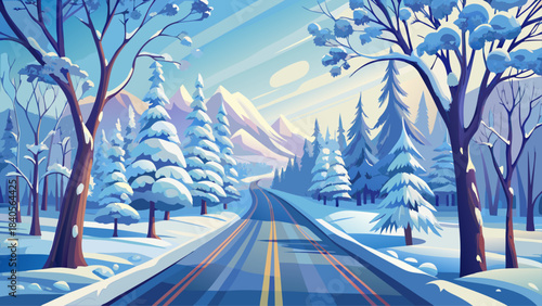 Very beautiful quiet winter road stretching through a snowy landscape, framed by frost-covered trees and soft white surroundings that evoke cold, peaceful seasonal stillness.
