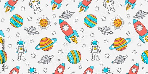 A playful pattern of astronauts rockets planets and stars in a cartoon style