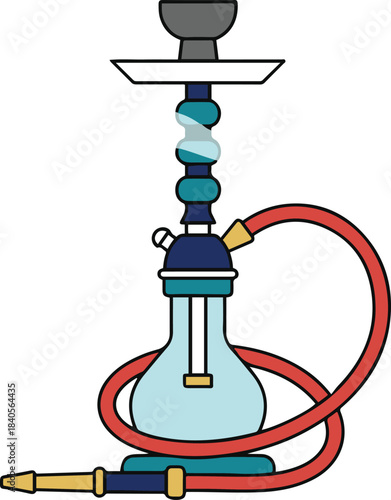 A simple vector illustration of a traditional hookah pipe featuring a light blue glass base, an ornate dark blue stem, and a red coiled hose with a yellow mouthpiece.