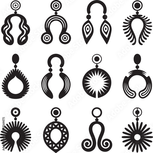 Ethnic earrings, abstract jewelry, drop accessories, tribal fashion, modern boho, curved shapes, statement earrings, female ornament, artistic design, vector collection
