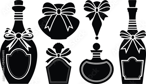 Set of Black Silhouette Perfume Bottles with Bows and Labels Vector Icons