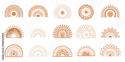 Collection of minimalist boho rainbow arches and sunburst designs in earthy tones