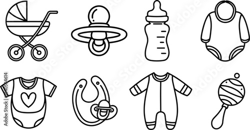 Baby Care and Clothing Line Art Icons Set, Newborn Essentials Vector Collection