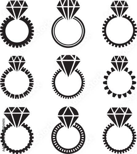 Ring icons, diamond jewelry, textured band, engagement gift, precious stone, gear shape, industrial style, luxury accessory, brilliant gem, fashion ring