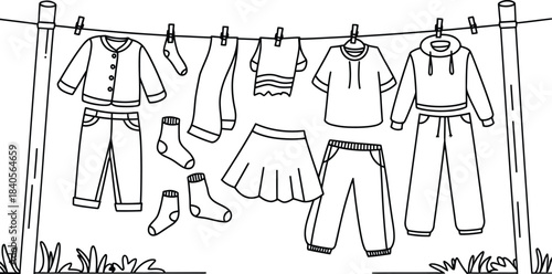 Hand drawn laundry hanging on clothesline coloring page vector illustration