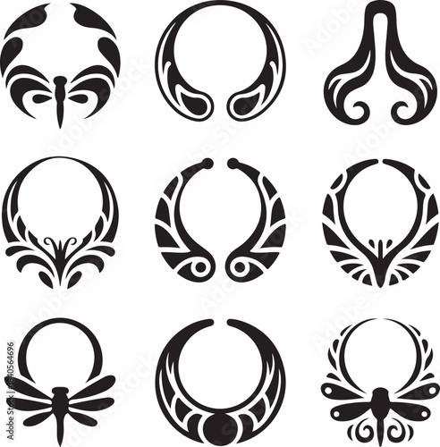 Tribal ornaments, ear weights, ethnic shapes, piercing jewelry, abstract symbols, boho decoration, curved forms, tattoo style, indigenous art, vector silhouette