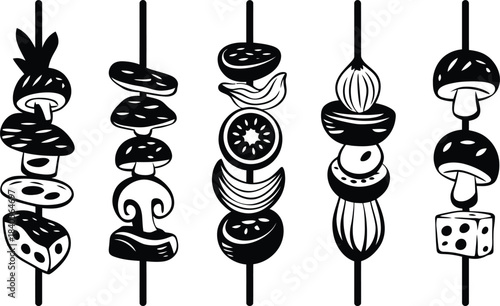 Hand Drawn Barbecue Kebab Skewers Vector Icon Set