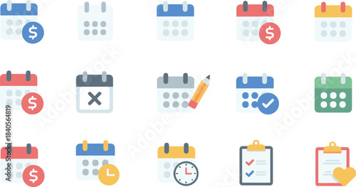 Collection of colorful flat design calendar icons, schedule reminder symbols, date planner illustrations, time management, event organization and productivity concept