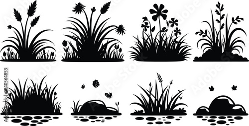 Black grass, wildflower, and stone silhouettes vector set