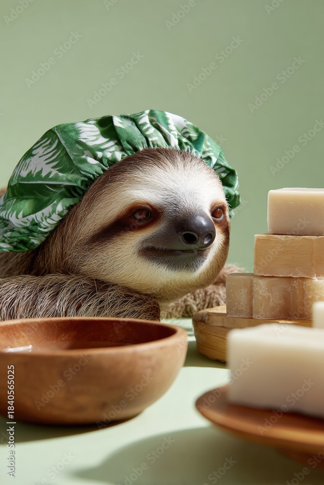 Obraz premium Sloth relaxing with headband and soap bars on green background