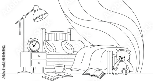 Cozy Bedroom Interior Line Art Vector Illustration with Furniture, Teddy Bear, and Books for Coloring Page