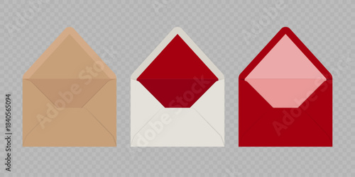 Set of open envelopes mockup. Realistic vector illustration isolated on a transparent background