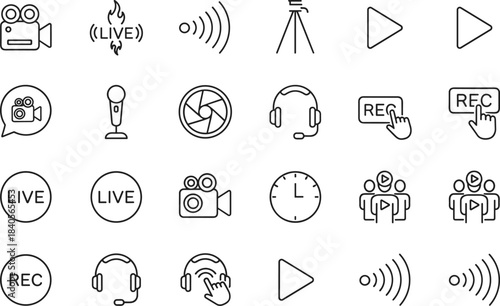 Minimal multimedia line icons featuring video recording, live streaming, audio tools, playback controls, communication symbols, broadcasting elements, and digital media interaction graphics.