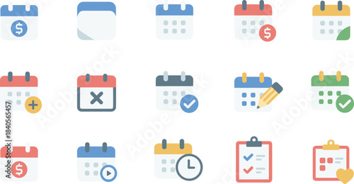 Collection of colorful flat design calendar icons, schedule reminder symbols, date planner illustrations, time management, event organization and productivity concept