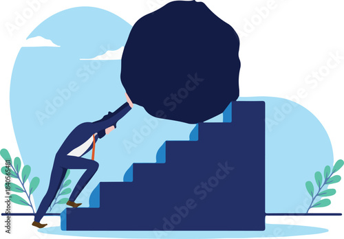  Business challenge - Determined businessman working hard pushing rock up stairs. Determination and persistence concept. Flat design vector illustration with white background