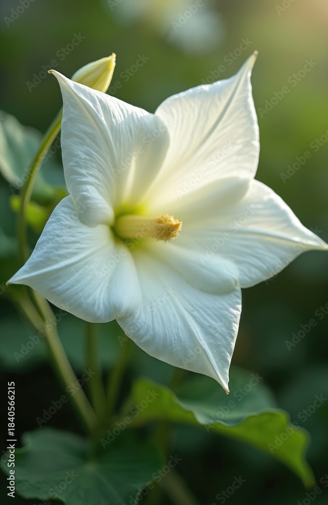 Fototapeta premium Large white Ipomoea alba flower blooms at night. Fragrant moonflower petals open revealing yellow stamen. Tropical vine grows in a green garden.