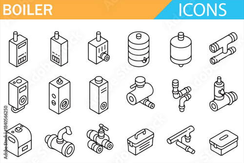 Boiler and heating system icon set with pipes radiators valves and water heaters in outline vector style isolated on white background for HVAC, plumbing and industrial design