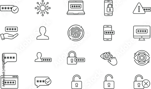 Modern cybersecurity authentication icon set featuring passwords, biometrics, fingerprint scans, identity verification, secure login methods, data protection symbols, and privacy lock graphics.