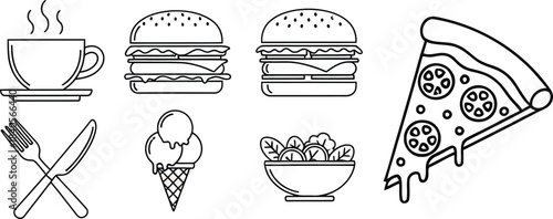 Line art illustration of popular food items including burger pizza coffee and dessert