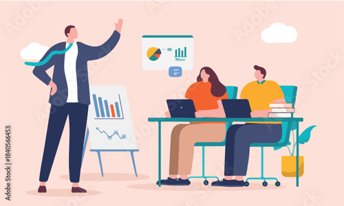 Business course and lecture - Businessman teaching adult students about corporate finance with graphs and charts. Flat design vector illustration.