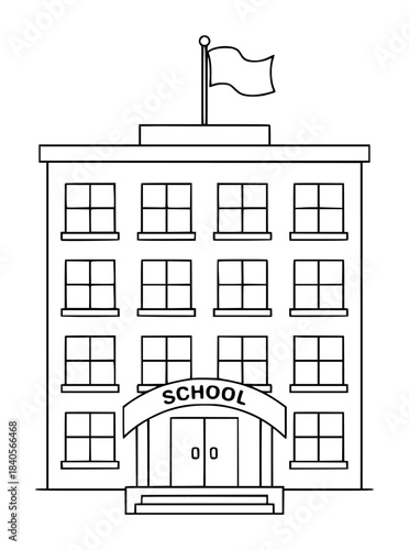 Black and white line of a multistory school building with flag architecture