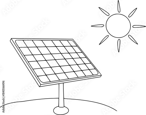 Black and white line of a solar panel under the sun on a hill rays