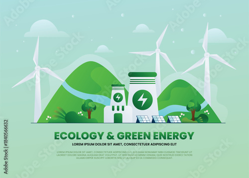 Environmental care and use clean green energy from renewable sources, Reduce carbon emissions, Wind power generators or windmill farm, Solar cells panels, Power generation industry on city background.