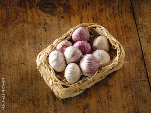 Garlic bulbs, some with pinkish hues, are gathered in a straw basket. The basket sits on a textured wood surface. Light highlights the natural colors and textures