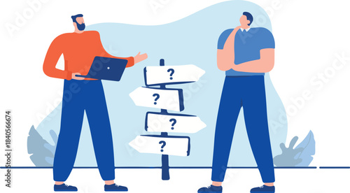 Business crossroad - Two people standing with signpost making decisions and choices for the way forward. Flat design cartoon vector illustration with white background.