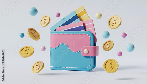 Colorful wallet with pink and blue design, surrounded by various coins and cards, creates playful and vibrant scene. wallet appears to be bursting with financial potential, evoking sense