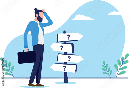 Business crossroads - Businessman standing by directional sign trying to make decision for future direction. Confusion and choices concept. Flat design vector illustration with white background