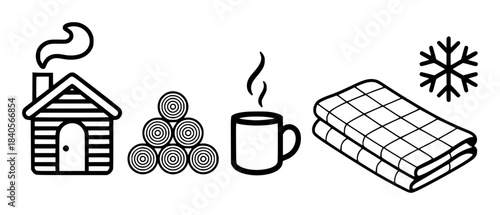 Black and white of cabin logs hot drink blanket and snowflake