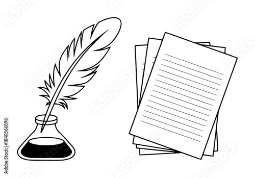 Black ink feather quill in inkwell with lined paper stack black and white line