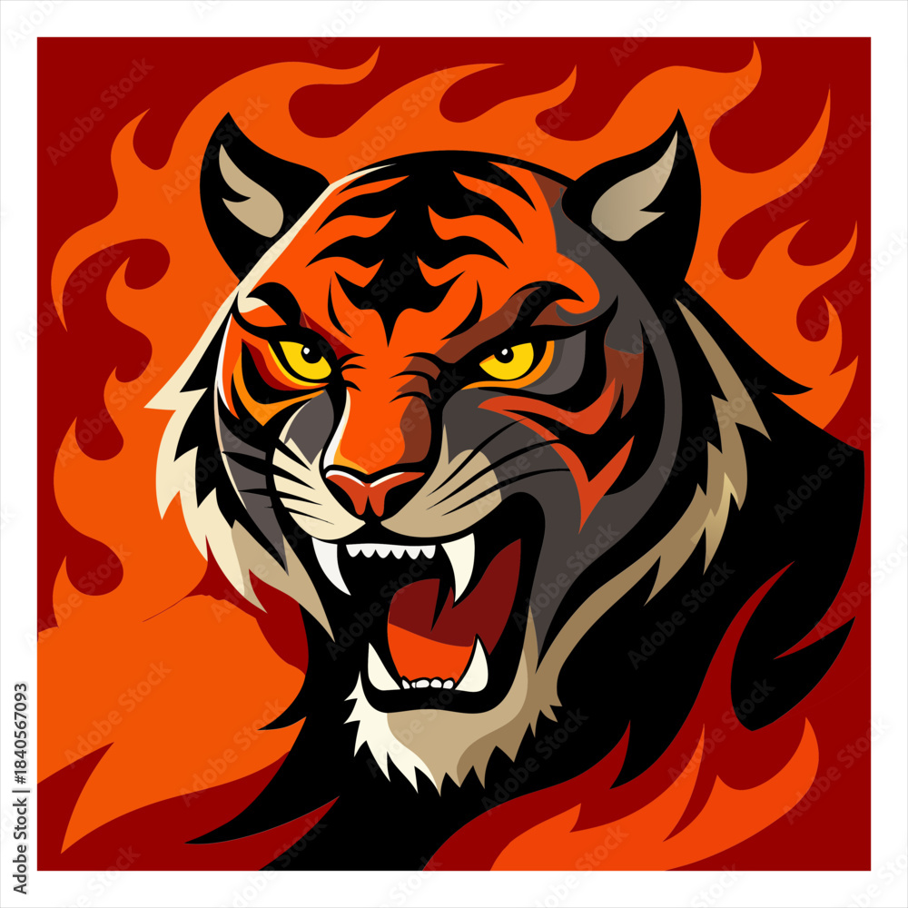 Fototapeta premium A ferocious tiger with sharp teeth surrounded by swirling fire 