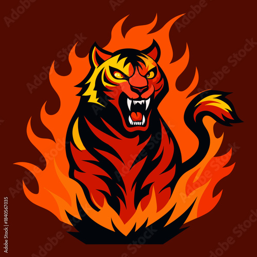 A ferocious tiger with sharp teeth surrounded by swirling fire 