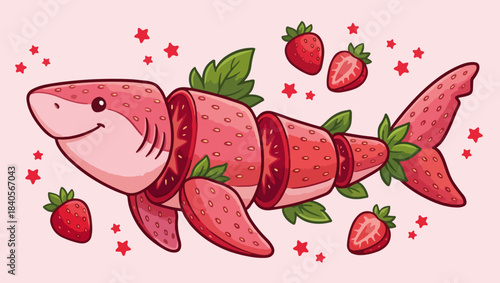 Strawberry Shark Cute Cartoon Illustration, strawberry shark, fruit shark, pink shark design, sliced strawberry body, red strawberry flesh, cute shark art, whimsical shark, cartoon fruit animal, png, 