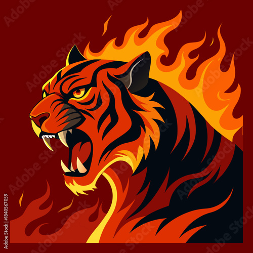 A ferocious tiger with sharp teeth surrounded by swirling fire 