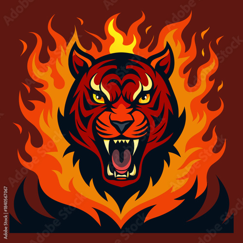 A ferocious tiger with sharp teeth surrounded by swirling fire 