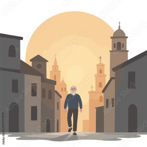 Elderly man walking alone. Senior silhouette at sunset. Older person on quiet path. Elderly walking in solitude. Elderly set