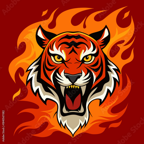 A ferocious tiger with sharp teeth surrounded by swirling fire 