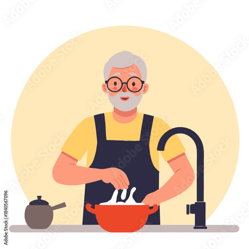 Elderly man washing dishes. Senior cleaning kitchen sink. Older man doing household chores. Elderly maintaining cleanliness. Elderly set